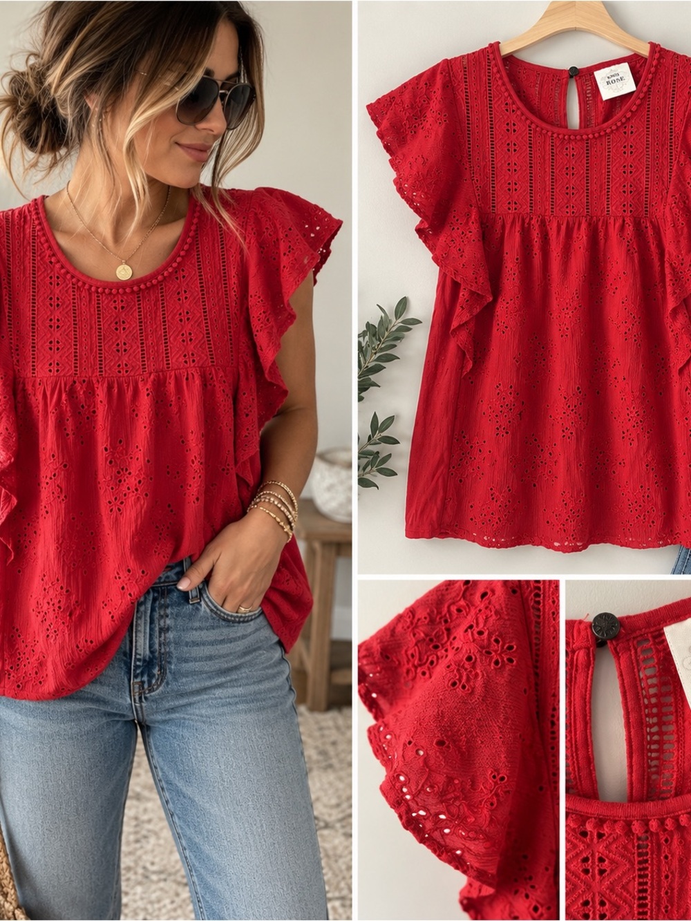 Knox Rose Red Eyelet Embroidered Flutter Sleeve Blouse